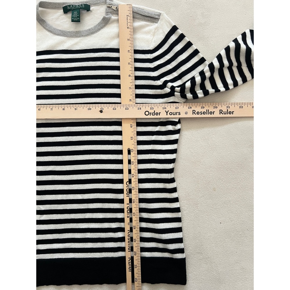 Lauren Ralph Lauren Petite Striped Sweater White Black Gray Zip Shoulder Cotton - Picture 7 of 13
